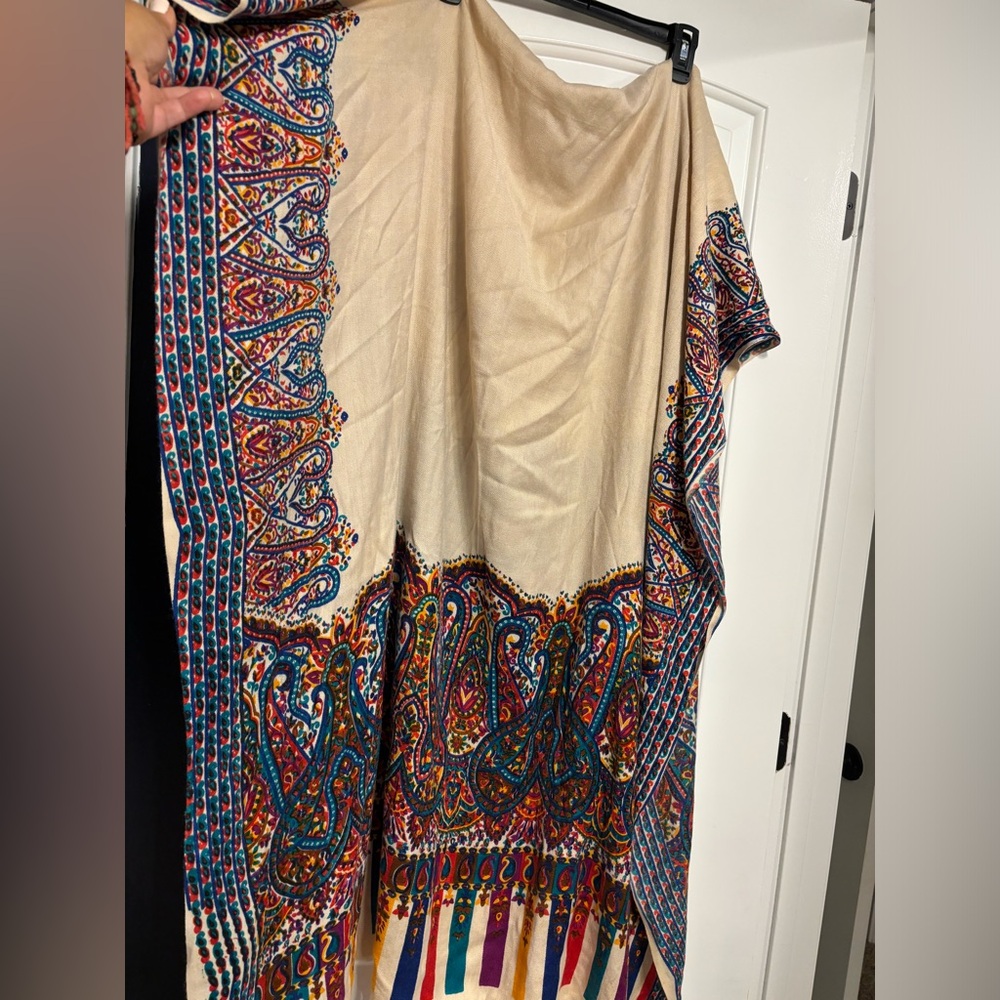 women’s shawl pashmina, beige with colorful vibrant design all around